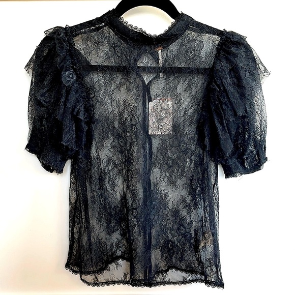 NWT FREE PEOPLE Secret Admirer blouse, black lace, puff sleeve, women’s size S - Picture 5 of 9